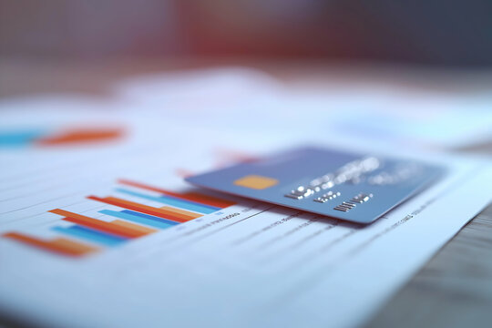 A credit card rests on financial charts displaying colorful bar graphs and business data. - Powered by Adobe