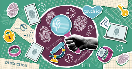 Fingerprint concept collage banner in pop art style. Biometric authentication technology concept. Fingerprint scanning system. Vector trendy background.