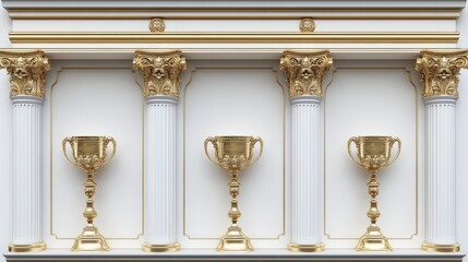 Elegant Golden Trophy Display with Classical Columns and Decoration