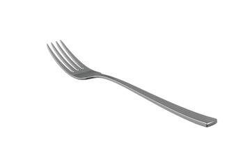 A sleek stainless steel fork with a reflective finish and a slightly curved handle. 3D Illustration