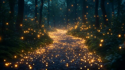 Fototapeta premium Mossy Forest Path Fireflies Dance High Resolution Photo