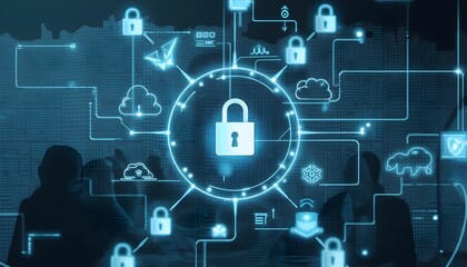 Fototapeta premium Digital security network illustration showcasing interconnected locks and data exchange, emphasizing modern cybersecurity practices in a corporate environment Generative AI