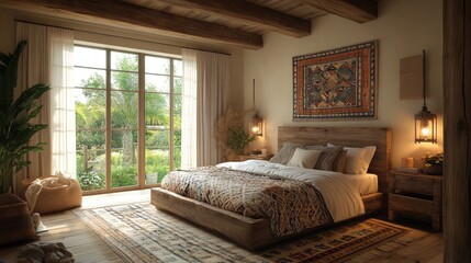 Rustic style bedroom with garden view