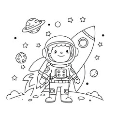 Astronaut with rocket in space suitable for children's coloring page outline vector illustration