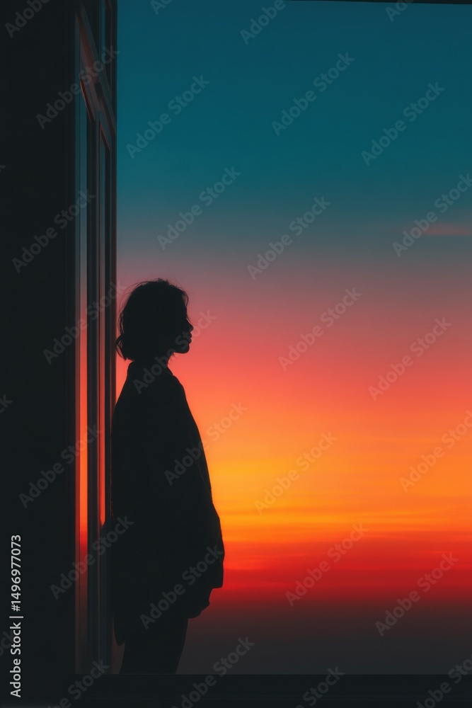 Poster silhouette of woman gazing at sunset through window, representing reflection and personal growth in 