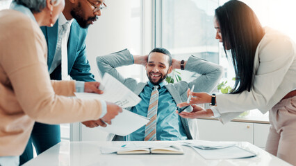 Fototapeta premium Businessman, multitasking and happy with group, documents at office, relief and time management. Person, team and relax with notes, report and signature for approval with smile at finance agency