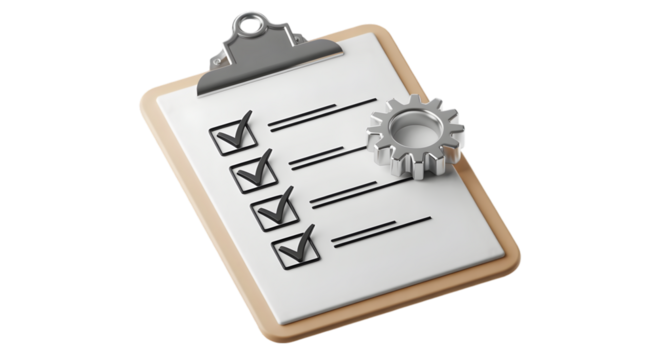 3D Render of Checklist on Clipboard with Gear Representing Project Management