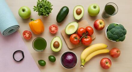 Naklejka premium Healthy Lifestyle Fruits, Vegetables, Fitness & Wellness - Achieve Your Wellness Goals with a Balanced Diet and Regular Exercise