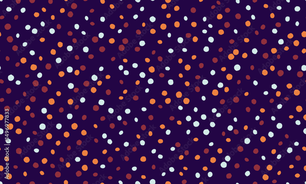 Poster abstract seamless pattern with scattered dots in various warm and cool tones on a deep purple backgr