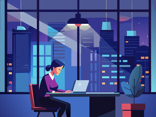  an employee working late in a high rise office   