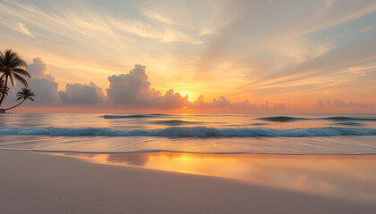 Fototapeta premium A serene beach scene unfolds at sunrise, featuring a tropical beach with a calm ocean view.