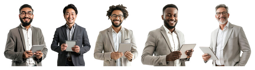 PNG Diverse professionals holding tablets, element set on transparent background