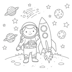 Obraz premium Astronaut with rocket in space suitable for children's coloring page outline vector illustration