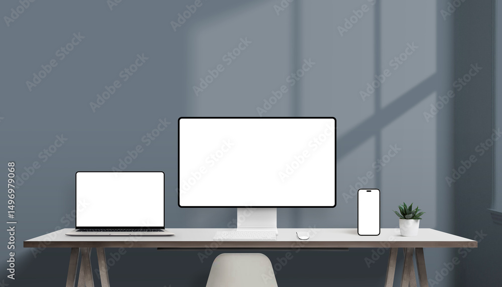 Aufkleber responsive mockup setup with computer, laptop, and smartphone on desk, all with clean white screens,