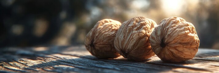 Three walnuts on wooden surface