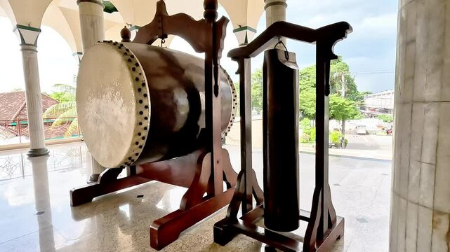 Wooden Bedug traditional instrument to call people to pray at mosque in Indonesia