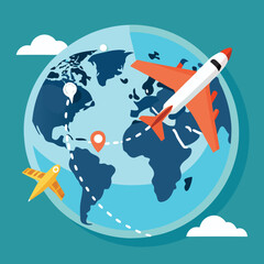Naklejka premium Airplane Flight Travel Globe and World Map Illustration