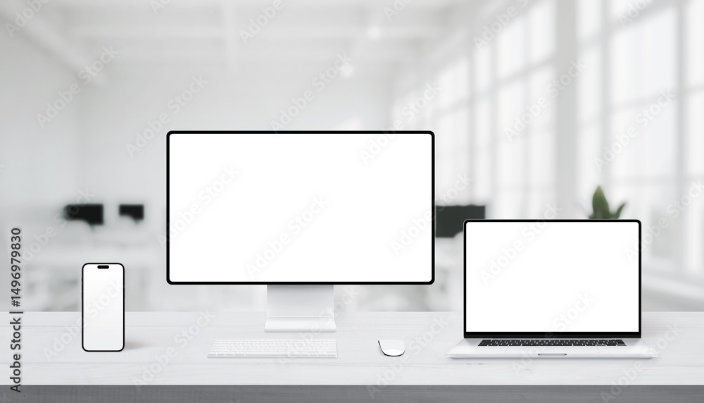 Poster Close-up of responsive mockup with smartphone and laptop on office desk, both screens ready for UI or web design