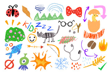 Crayon fun cute kid colorful doodle set badge, scribble line flower, cute background. Hand drawn doodle sketch childish element set. Flower, heart, alien children draw style design elements