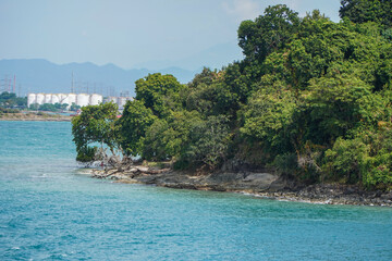 Tranquil Coastal Landscape with Lush Greenery and Clear Blue Waters Near Urban Development
