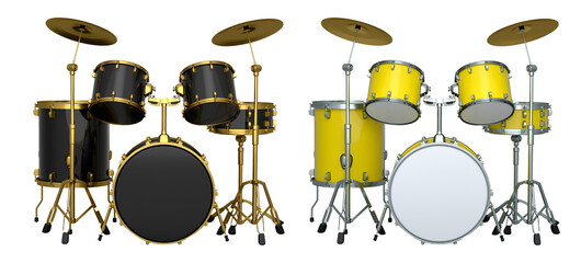 Set of realistic drums with metal cymbals on white background. 3d render concept of musical percussion instrument, drum machine and drumset