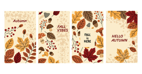 Set of cozy autumn cards with leaves, mushrooms, berries, and seasonal quotes like Autumn, Fall Vibes, Fall is Here, and Hello Autumn.Warm beige background and hand drawn style. Vector illustration