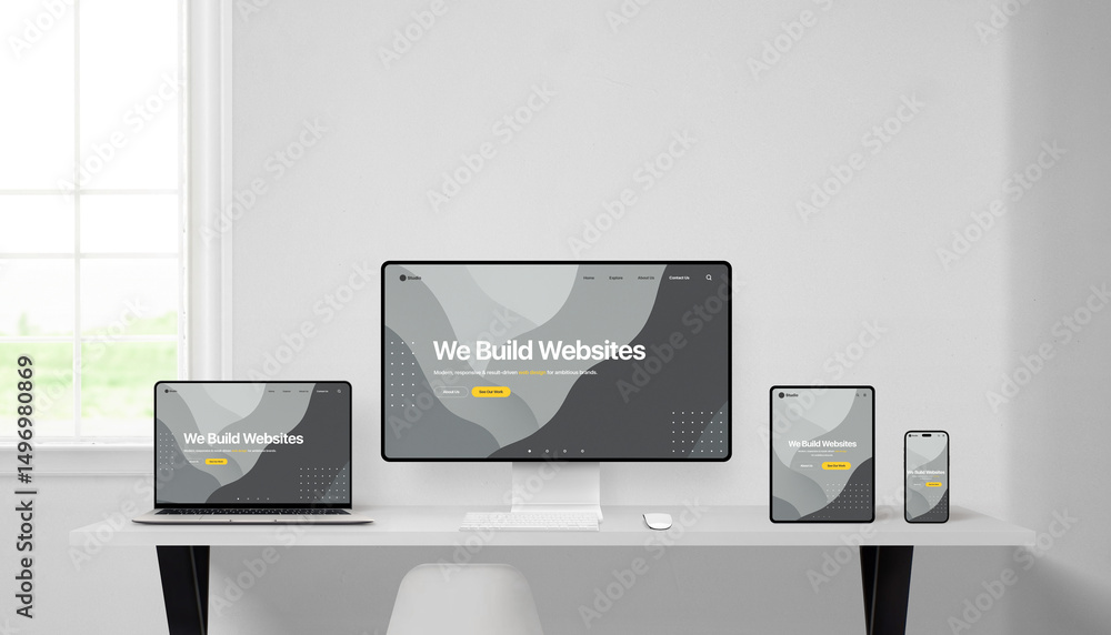 Poster responsive web design presentation on four modern devices in bright white office, featuring tablet, 