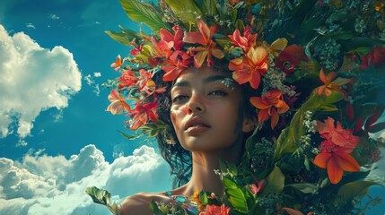 Indian Woman Adorned with Tropical Flowers and Green Foliage against a Cloudy Sky