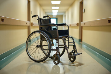 A wheelchair in the center of a long hospital corridor.