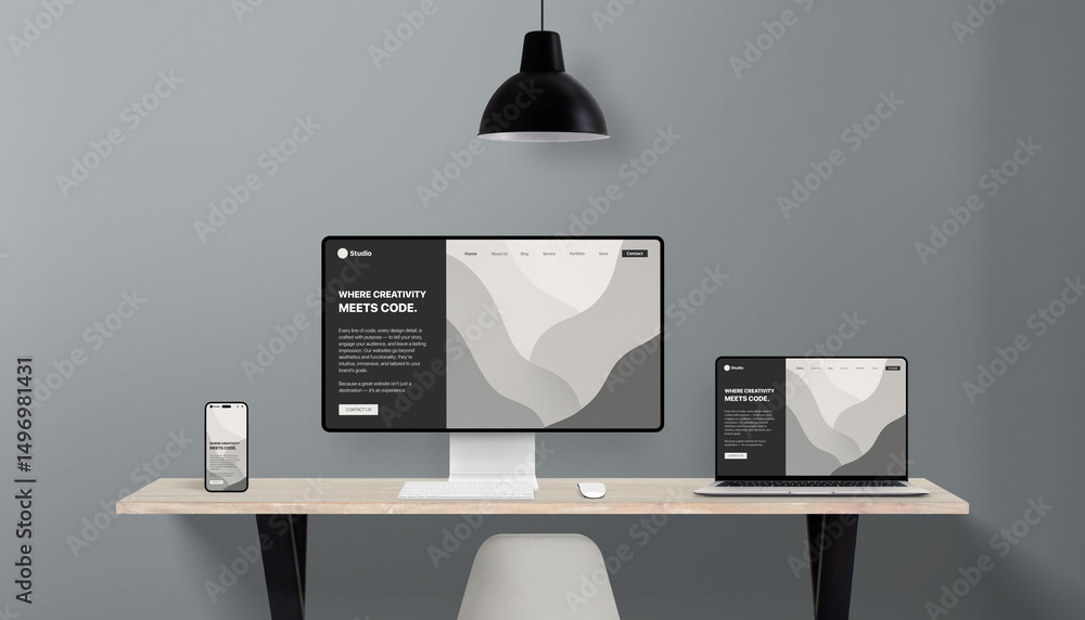 Leinwandbilder Responsive website layout shown in multiple screen formats on office desk, representing cross-device compatibility for professional web design studios