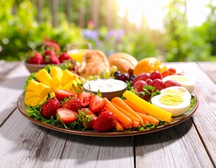 Colorful plate with fruits, veggies, eggs, and sour cream on wooden table lit by warm sunlight.