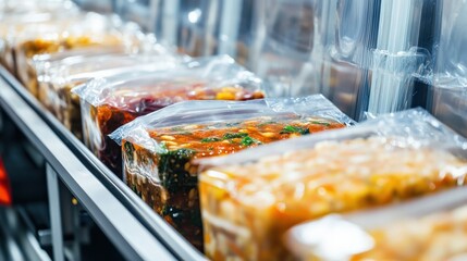 Colorful Frozen Meal Packs in Transparent Plastic Bags on Shelf