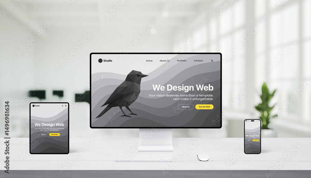 Poster bright white office with desktop, tablet, and phone showing responsive web design, featuring polygon