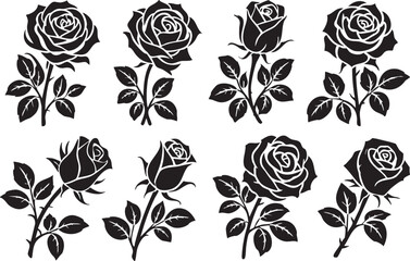 Collection of Eight Elegant Rose Silhouettes in Black and White