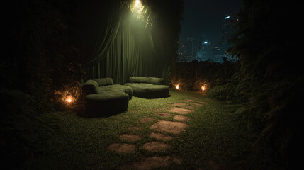 Cozy outdoor lounge with soft seating at night
