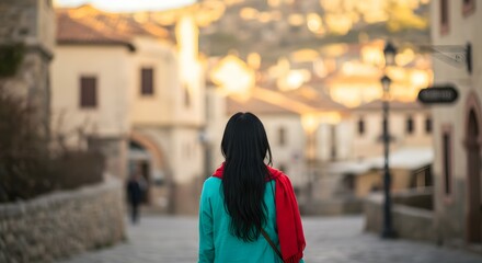 Fototapeta premium Woman with long black hair exploring a charming European town, cobblestone streets, historical architecture, cultural exploration, travel photography