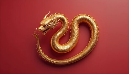 3D Golden Dragon Snake Sculpture &ndash; Elegant Top View with Metallic Texture and Minimal Red Backdrop
