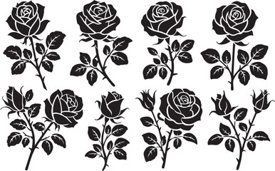 Collection of Elegant Rose Silhouettes A Set of Black and White Floral Designs