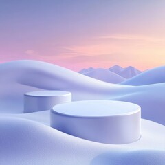 Dreamy Winter Landscape Two White Pedestals on Snowy Hills against a Soft Pastel Sky Minimalist Scene
