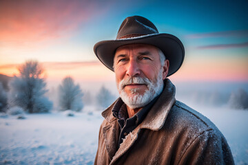 Portrait of a senior man in cowboy hat, looking at the camera in a snowy winter scene