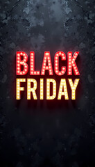 Black Friday sale sign, red and gold lights, dark background, for advertising