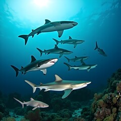 Obraz premium A school of diverse shark species including a majestic blue sea.generative.ai