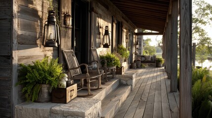 Rustikale Holzveranda mit Schaukelstühlen und Pflanzenkübeln