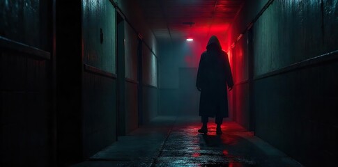 A shadowy figure lurks in a dimly lit corridor, a chilling scream echoing in the silence A haunting image perfect for horror, thriller, or suspense projects , fright, terror
