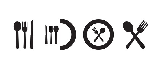 Obraz premium Food icon. Fork knife spoon sign set. Plate symbol. Breakfast lunch dinner icon. Menu sign. Cafe icon set.