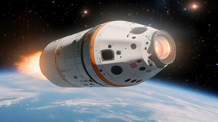 A spacecraft, predominantly white and orange, ascends through space, its engines blazing, with Earth's curvature visible in the background
