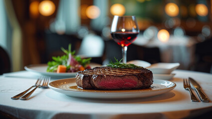 A juicy, perfectly seared steak is served alongside a glass of rich red wine and salad.
