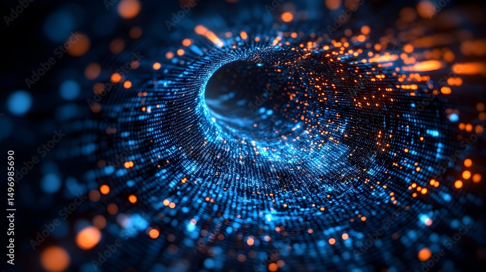 Aufkleber a swirling vortex of blue and orange particles forms a tunnel-like structure in a dark background. t