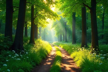 Obraz premium Sun-drenched forest path winds through lush greenery, dappled sunlight filtering through leaves, creating a magical summer scene Perfect for travel, nature, and summer themes , calm, green, pathway