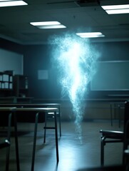 Classroom with a blue light and a smokey cloud. looks like someone disapeared